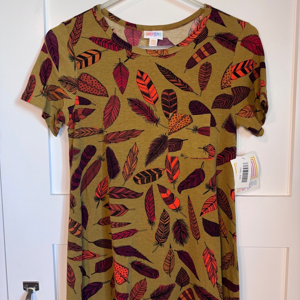 LuLaRoe Carly Brown Green Swing Dress Hi Low Hem Feather Print Women's Size XXS
